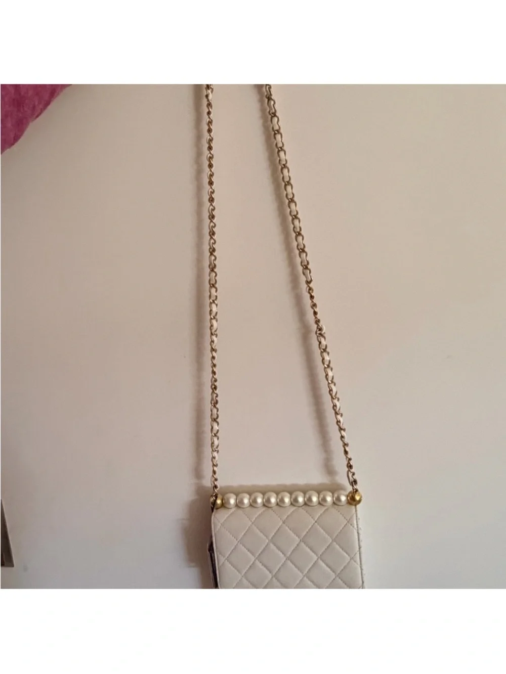 CHANEL White Quilted Leather Crossbody with Gold Chain Accent
